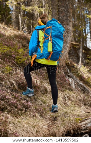 Photo of female traveler overcomes up hill, treks in forest, wears big blue rucksack on back, makes step, wears casual anorak and boots, has camping tour or expedition, photographed outdoor.