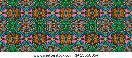 Ikat art. African seamless pattern. Peruvian seamless texture. Folk navajo print. Indian native ornament. Boho endless texture. Black, cyan, pink, green, gold ikat art.