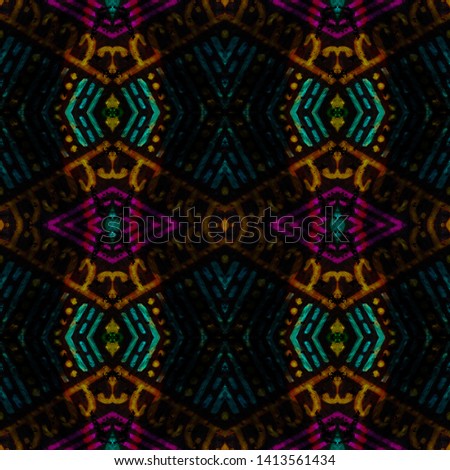 African repeat pattern. American seamless print. Mexican decoration. Endless indian motif. Fashion textile texture. Vintage boho print. Black, gold, pink, cyan, green african repeat pattern.