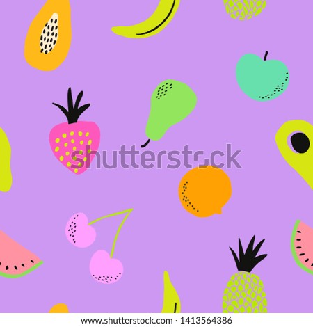 Hand painted seamless pattern with colorful fruits on violet background.