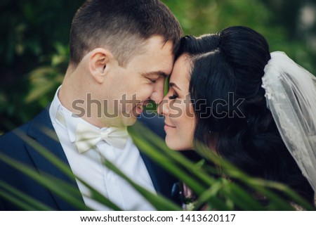Amazing smiling wedding couple Beautiful bride and groom embracing and kissing on their wedding day.