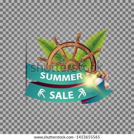 Summer sale, isolated web banner with ribbon, steering wheel of the ship in the sand, palm leaves and pearl
