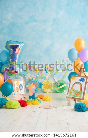First birthday smash the cake. Festive background decoration for birthday with cake, Cake Smash first year concept. birthday greetings. Girl or boy Birthday Cake