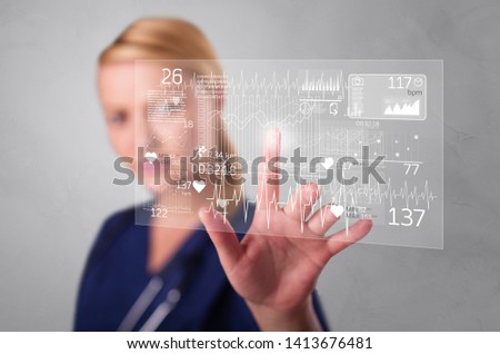 Doctor touching hologram screen displaying healthcare running symbols