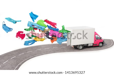 The concept of moving. A cargo van rides along the road and clothes fly out of it on a white background. Delivery concept.