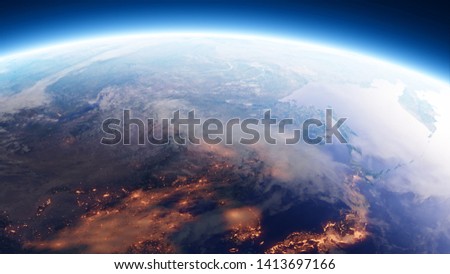 Earth at sunrise viewed from outer space with city lights showing human activity in China and Japan. High-quality 3D render of planet Earth with elements from the NASA satellites. Royalty-Free Stock Photo #1413697166