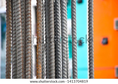 Realistic steel texture. Construction material.  DB or Deformed Bar steels for building structure. Industrial background with copy space 