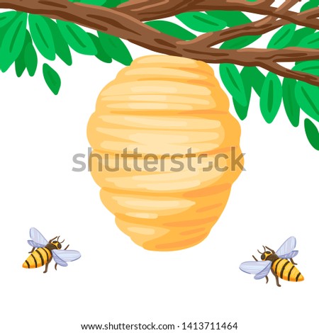 Insects bees collect honey, pollinate a plant, a tree branch with a hive, a beehive house of bees, wild insects in nature. Vector isolated object on white background. Cartoon flat style illustration