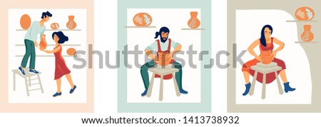 People the ceramists work at a potter's wheel in a ceramic workshop and sale the clay crockery flat vector illustration. Design for master classes and craft shops, logo.eople the ceramists work at a 