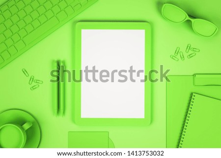 Top view of abstract neon green workplace with empty white tablet, glasses, coffee cup and supplies. Design concept. 3D Rendering 