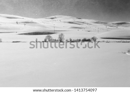 View from the train window in winter. Winter landscape. Black and white photo.