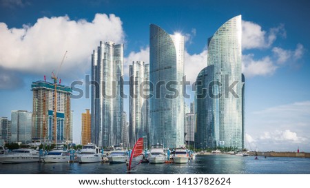 Busan city skyline and skyscrapers in the Haeundae district., South Korea. Royalty-Free Stock Photo #1413782624