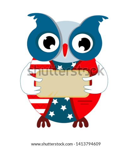 cartoon owl in the color of the American flag with a wooden plate in his hands for the inscription.
american symbol