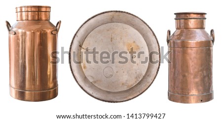 Set of beautiful antique items, picture frames, two old copper milk cans and a metal plate. Retro. Vintage. Isolated on white background