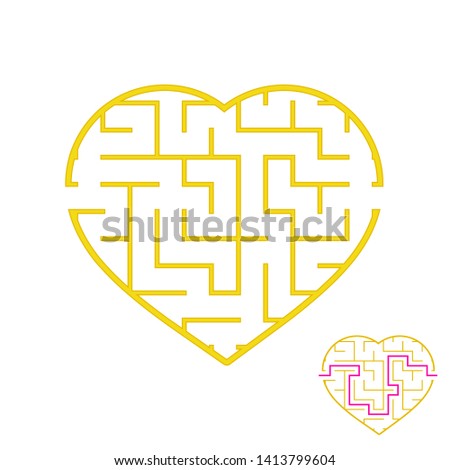 Labyrinth with a yellow stroke. Lovely heart. A game for children. Simple flat  illustration  on white background. With the answer