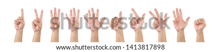 Asian male hands counting one ten isolate white background in studio light - with clipping path. Royalty-Free Stock Photo #1413817898