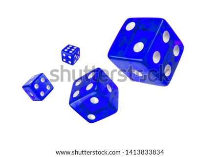 Four blue dice flying randomly in the air on a white background, isolated Royalty-Free Stock Photo #1413833834