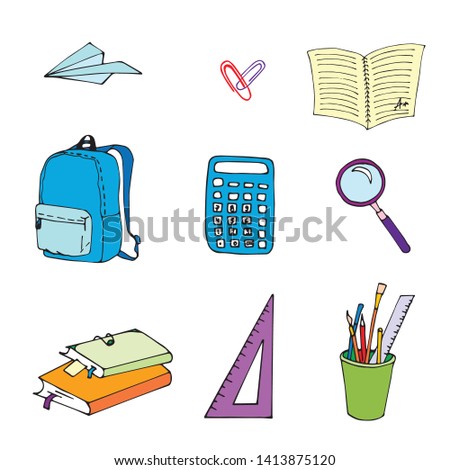 Vector set of elements Back to school. School backpack, magnifier, ruler, clip, books, paper airplane, pencil, brushes, calculator, angle. For store promotions, discounts, advertising banners, books