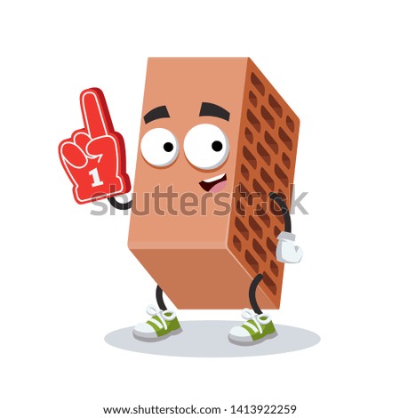 cartoon red brick with holes character mascot with the number 1 one sports fan hand glove on a white background