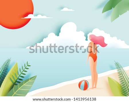 Beautiful girl with Beautiful beach background paper art and pastel color scheme vector illustation
