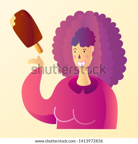 Beautiful cute cartoon young woman pointing in sweet ice cream. Flat trendy colorful vector illustration. Girl enjoying summer dessert. Advertising template