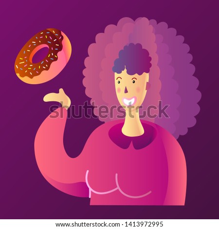 Beautiful cute cartoon young woman pointing in sweet donut. Flat trendy colorful vector illustration. Girl enjoying summer dessert. Advertising template
