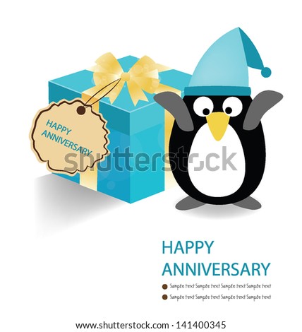Penguin and blue gift box on white background. vector illustration.