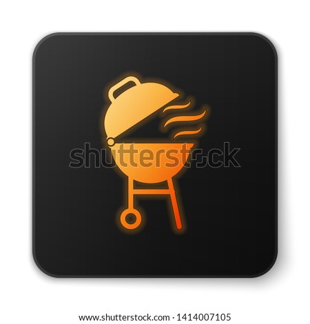 Orange glowing Barbecue grill icon isolated on white background. BBQ grill party. Black square button. Vector Illustration