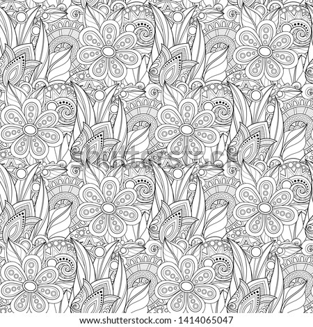 Monochrome Seamless Pattern with Floral Motifs. Endless Texture with Flowers, Leaves etc. Natural Background in Doodle Line Style. Coloring Book Page. Vector Contour Illustration. Abstract Art