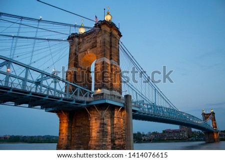 The Roebling bridge, historic bridge you can walk or drive on from Covington to Cincinnati.