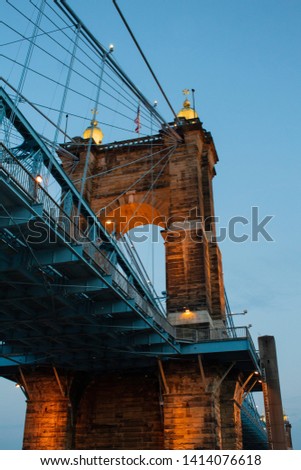 View of the Roebling suspension bridge tower, bridge that connects Cincinnati with Kentucky.