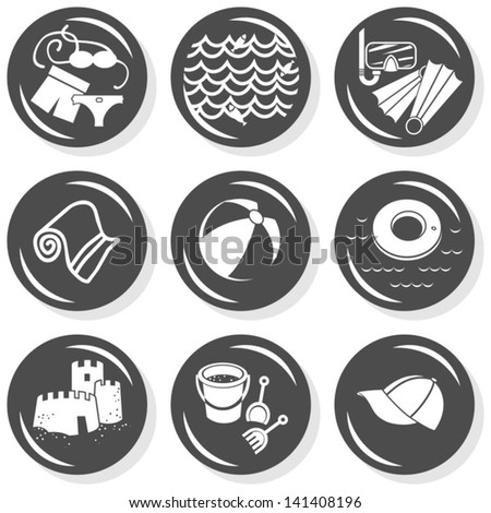seaside beach summer holidays monochrome gray button set with light shadow on white background vector isolated elements