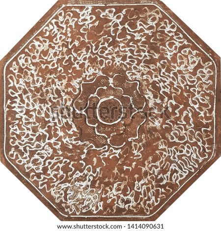 antique octagonal top table, abstract centered pattern with washed white brown finish 