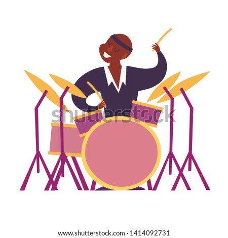 
Drum player vector colorful illustration. Drum player characters cartoon flat style. Isolated on white background