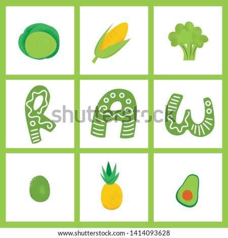 Set with hand drawn colorful doodle vegetables, fruits and lettering raw. Sketch style vegetables and fruits isolated on white background. Menu design, food market