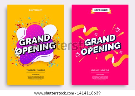 Grand opening invitationt template. Colorful creativity design with bold text, bright background and a burst of confetti. Ribbon cutting ceremony. Vector illustration. Royalty-Free Stock Photo #1414118639