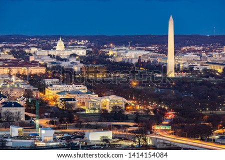 Aerial view of Washington DC cityscape from Arlington Virginia USA.