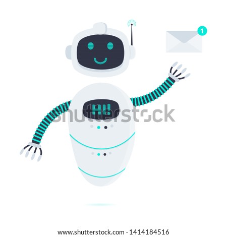 Robot chatbot icon sign flat style design vector illustration isolated on white background. Cute AI bot helper mascot character with new message letter envelope symbol business assistant.