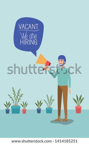 man using megaphone with we are hiring message