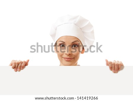 Woman cook looking over paper sign billboard. Isolated on white