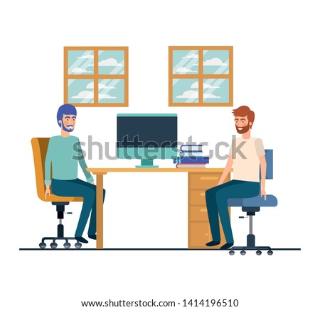 men sitting in the work office with white background