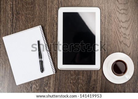 notebook, pen, coffee and tablet, workplace businessman