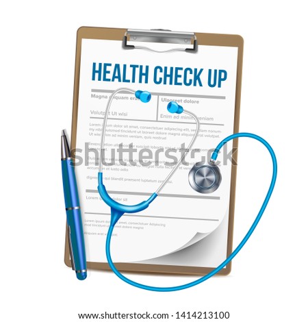 Clipboard With List Of Health Check Up Vector. Paper With Medical Report On Talbot Clipboard, Pen And Stethoscope Instrument Element Of Doctor. Healthcare Concept Realistic 3d Illustration