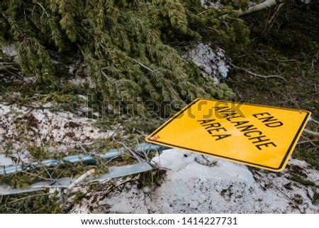 End avalanche are sign has fallen down because of the avalanche. Yellow sign laying on the ground.