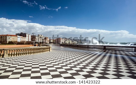 Checkered floor in city square. Livorno, Tuscany, Italy. Royalty-Free Stock Photo #141423322