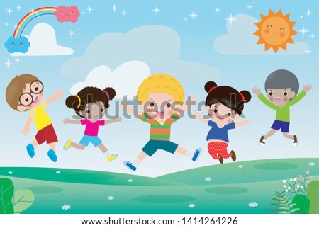 Group of happy children jumping on summer meadow, kid jump together Template for advertising brochure.