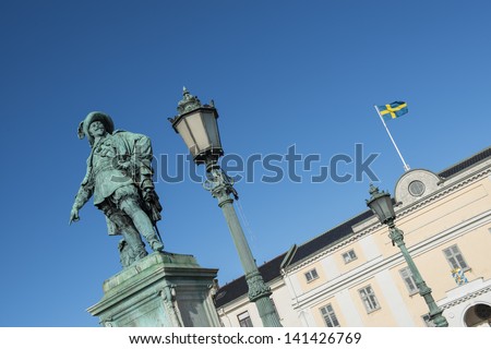 This statue, showing King Gustav Adolf II, is positioned in the centre of Gothenburg, Sweden. Royalty-Free Stock Photo #141426769