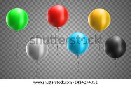 Set of realistic 3d helium balloons different colors isolated on transparent background. Vector illustration.