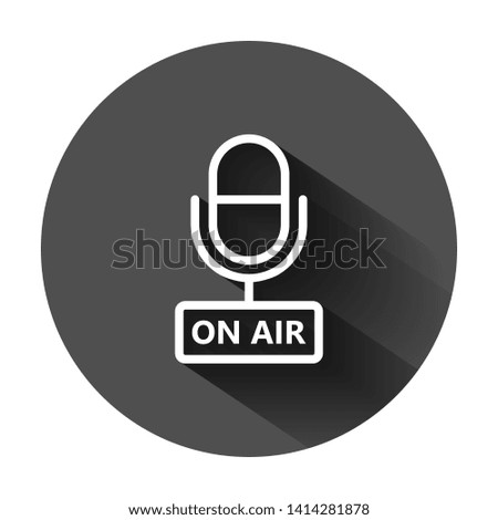 Microphone icon in flat style. Live broadcast vector illustration on black round background with long shadow. On air business concept.