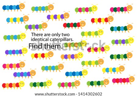Find two identical caterpillars, spring fun education puzzle game for children, preschool worksheet activity for kids, task for the development of logical thinking and mind, vector illustration